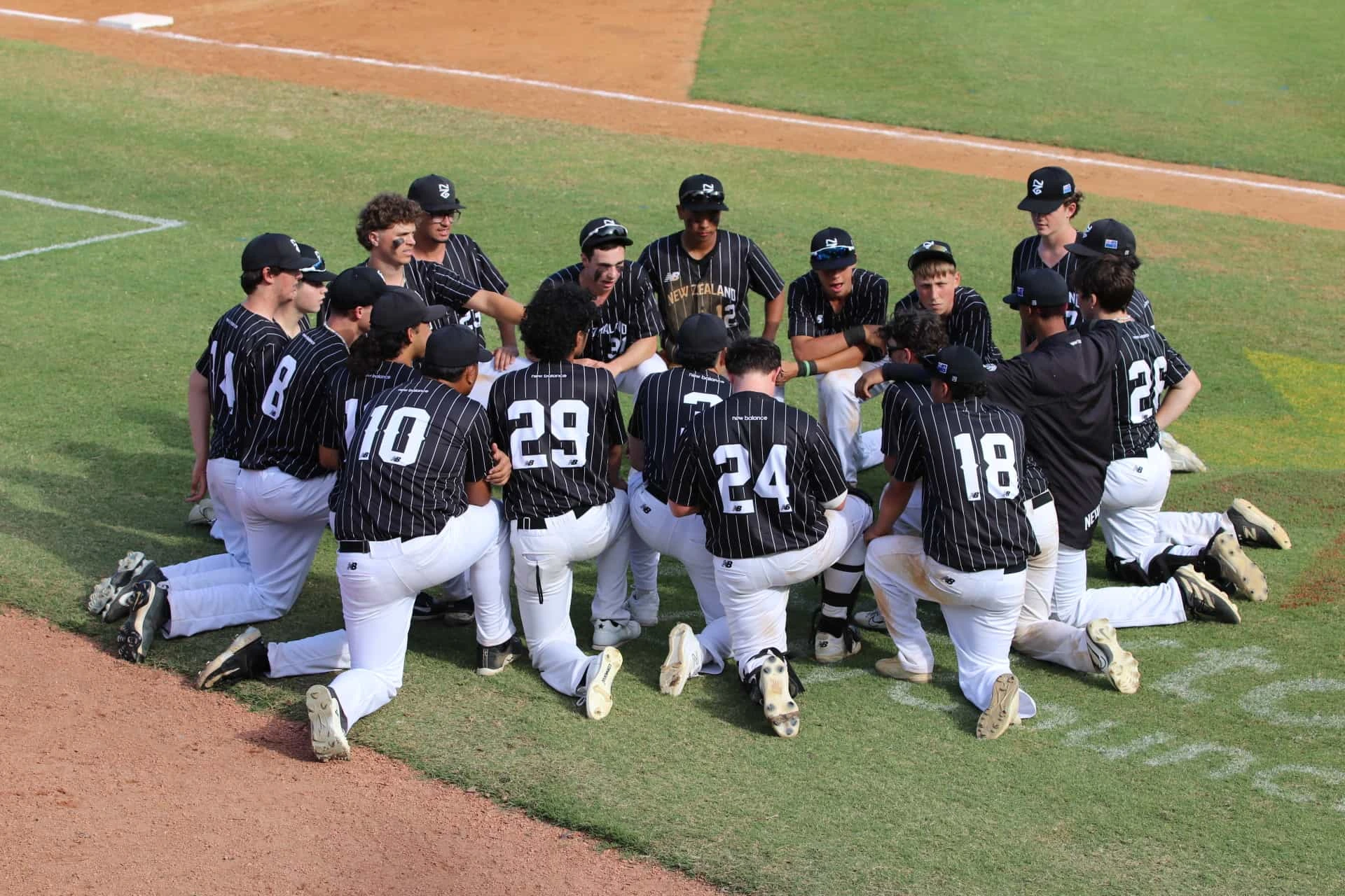 new zealand baseball team in a huddle on game day